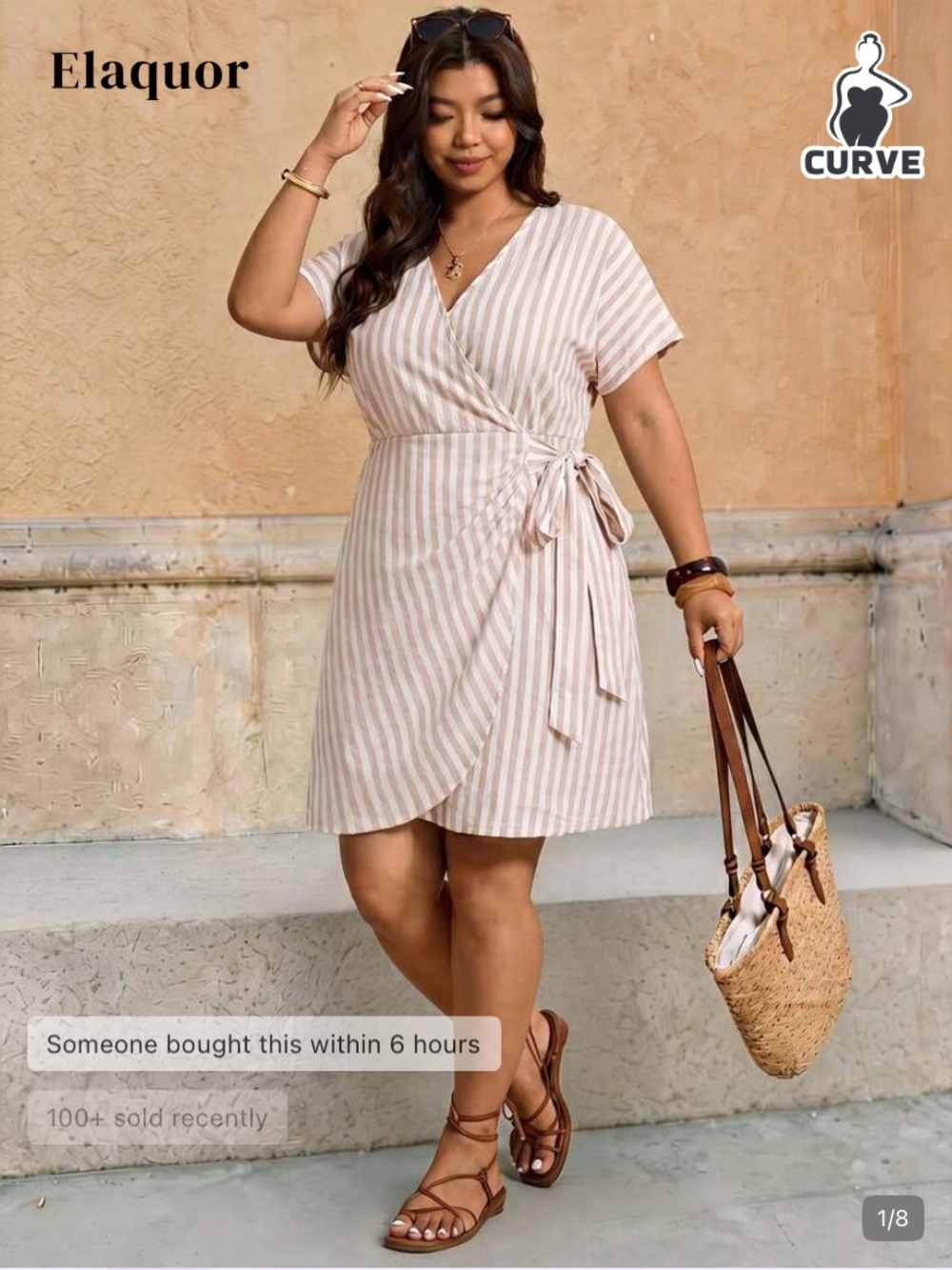 SHEIN Beige and White Striped Wrap Dress